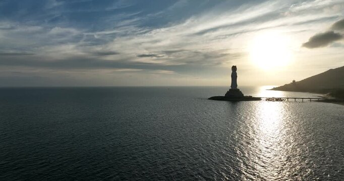 Aerial view of Guanyin statue at seaside in nanshan temple, hainan island , China