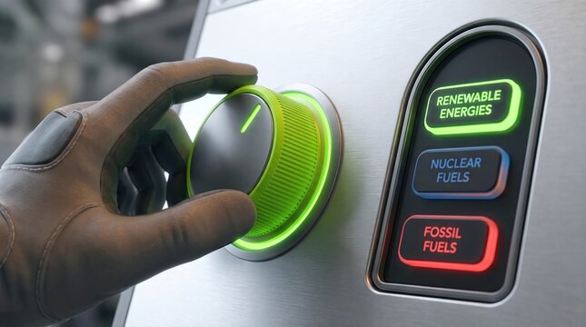 Gloved hand adjusting industrial control dial to select sustainable renewable energy sources