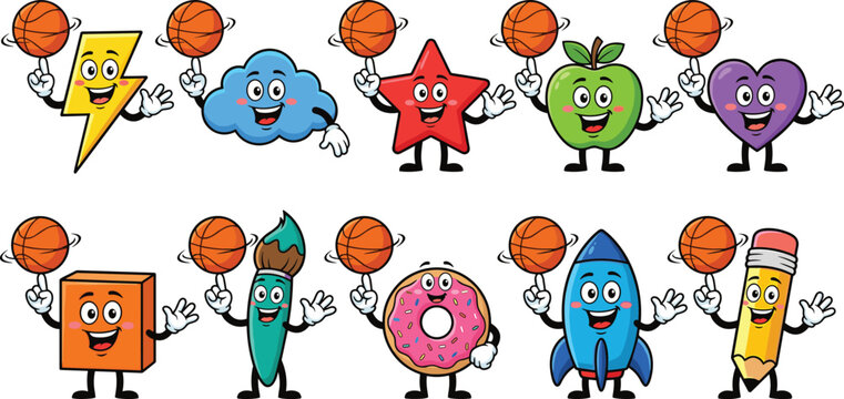 Cute cartoon object and food characters spinning basketballs mascot set for sports stickers and kids branding vector.