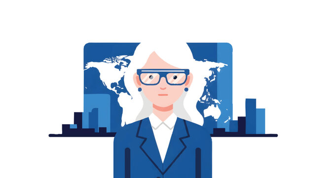 Professional futuristic businesswoman with digital global network overlay concept for AI innovation, corporate strategy, and tech leadership presentations in finance, consulting, and digital