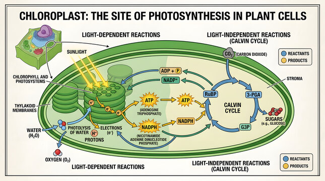 Chloroplast in plant cell, site of photosynthesis, light dependent and Calvin cycle.