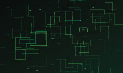 Fototapeta premium Abstract green glowing digital network lines with arrows on dark background
