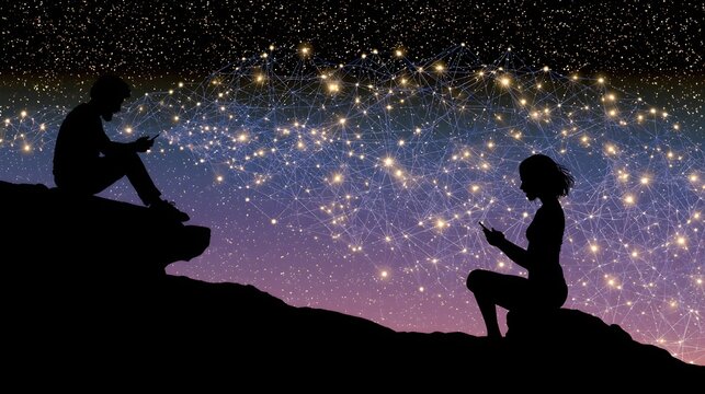 Global social networking and digital connectivity concept featuring silhouettes using mobile devices under a vast celestial data network