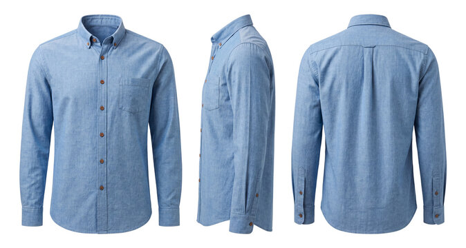 Blue denim shirt mockup isolated on white background, clean casual fabric apparel presentation for branding and print design showcase
