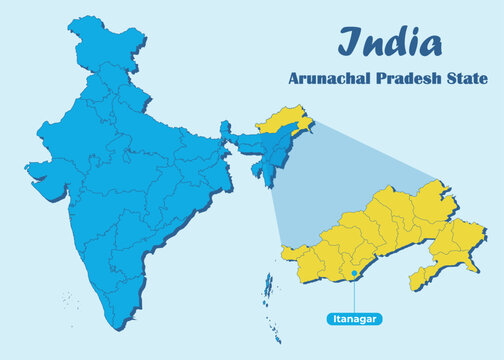 Arunachal Pradesh state highlighted in yellow in Indian map with editable vector illustration. Political map showing the location of Arunachal Pradesh with Itanagar marked, suitable for education.