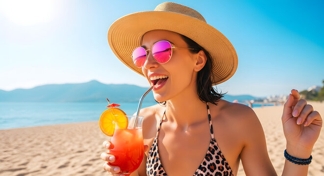 Cheerful woman wearing summer hat and stylish sunglasses enjoying fruit cocktail drink on sandy beach.
