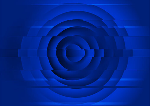 Abstract dark blue geometric background with concentric circles and horizontal glitch stripes. Hi-tech futuristic vector design