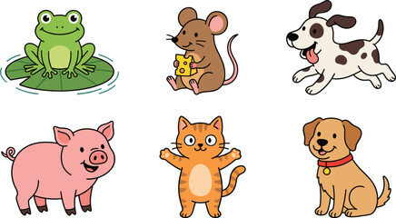 Fototapeta premium Cute animal character set with cartoon frog mouse dog pig and cat for kids vector design