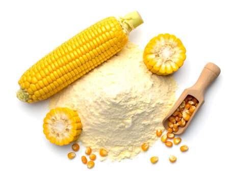 Cornflour with sliced corn fruit on white background