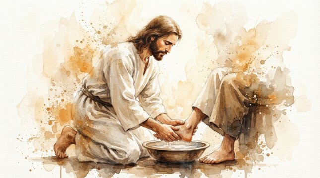 Watercolor painting of Jesus washing the feet of a disciple to symbolize humility and service.