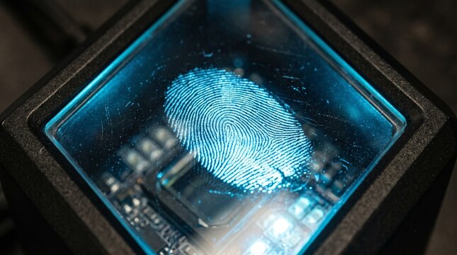 Close up of a glowing blue fingerprint scan on a digital device for security and identification purposes