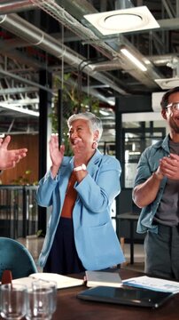 Business, people and excited with high five in office for campaign launch, ROAS target or applause. Laugh, marketing team and clapping celebration for pitch approval, ad growth and brand partnership