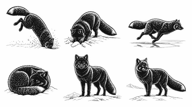 Black Fox Poses Set in Snow, Hand-Drawn Wildlife Illustration