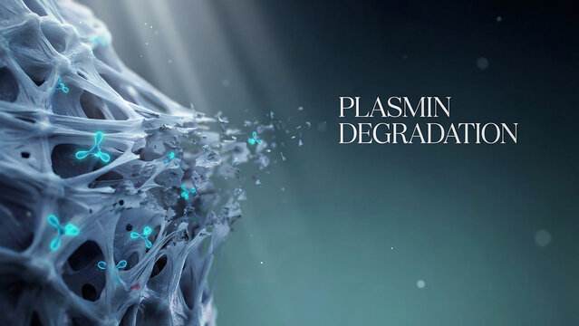 Plasmin degradation process with fibrin clot breakdown and enzyme activity in the bloodstream  medical concept