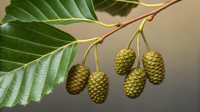 Close up of ripe green alder tree fruits hanging on a branch with detailed leaves in a forest setting
