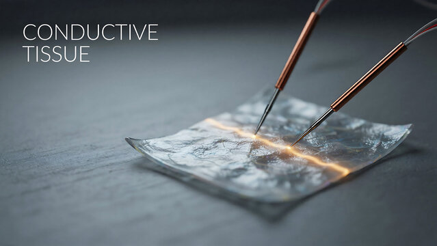 Conductive tissue being tested with probes on a textured surface in a laboratory setting with a glowing line