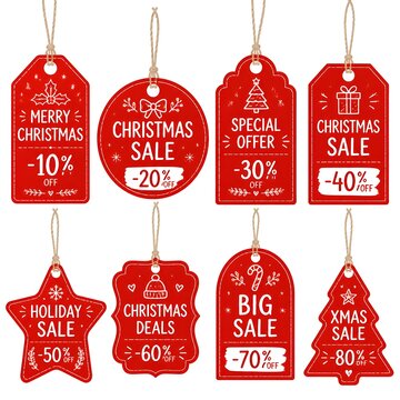 Red Christmas sale paper tags vector set with different shapes and hand drawn elements in red color hanging with discount text for christmas holiday shopping promotion. Vector illustration.