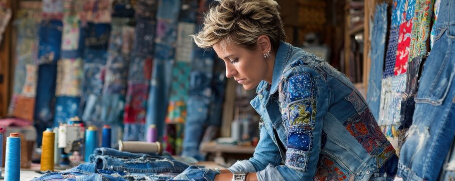 A focused woman works on a patchwork denim jacket in a vibrant textile workshop filled with colorful fabrics and sewing materials.