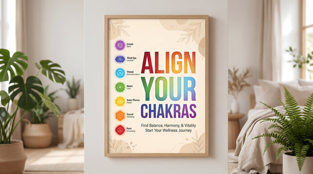 Decorative wooden framed poster displaying a vibrant chakra alignment guide with colorful symbols and uplifting text hanging on a white wall in a bright modern room with soft natural lighting.