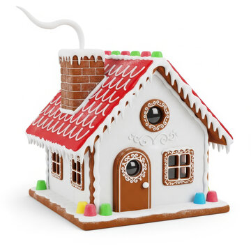 Decorative gingerbread house with red roof and candy decorations