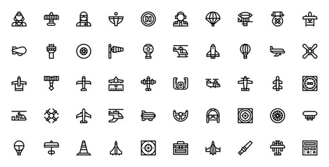 Aviation icon pack. Minimal line aviation icons set. Featuring airplane, helicopter, pilot, drone, hot air balloon, Wright flyer, parachute and more. Editable vector stroke. © wang