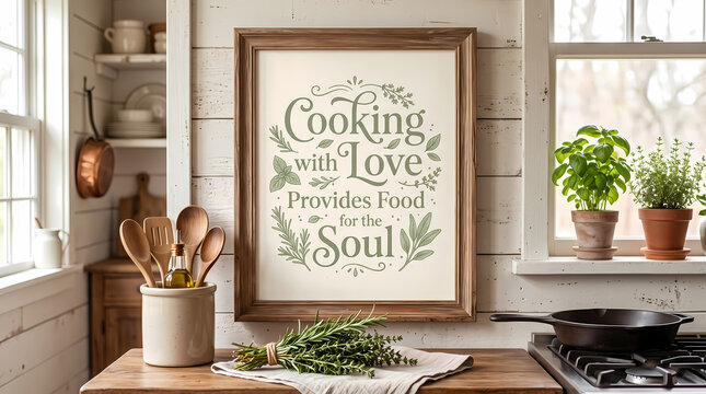 Elegant wooden framed wall art print featuring decorative typography that reads cooking with love provides food for the soul displayed beautifully in a bright rustic kitchen with fresh green herbs.