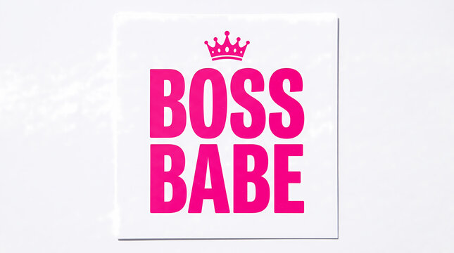 Bright pink boss babe text typography design with a small regal crown icon centered above the bold letters printed on a clean white square background for modern inspirational wall art.