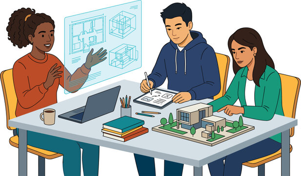 Professional Architects Working Together on Modern Building Project Design in a Collaborative Office Meeting