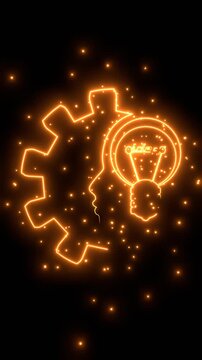 Lamp in the head of a person. Lamp head businessman. Brainwork, idea appearance. Switch on bulb icon with idea text. Neon glowing.