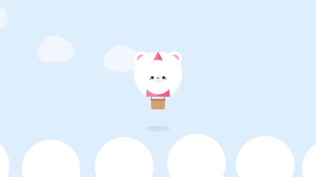 Cute White Cat Hot Air Balloon Floating in a Pastel Blue Sky