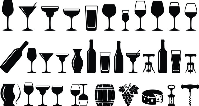Wine and alcohol beverage solid black silhouette icon set wineglass bottle corkscrew barrel grape cheese bar bundle