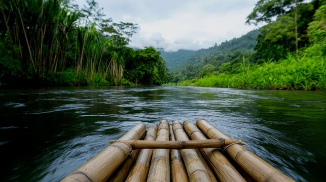 a simple, sturdy bamboo raft floating on the calm, reflective water of a jungle river