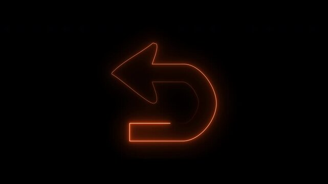 Orange neon arrow sign indicating return action glowing against dark background animation.