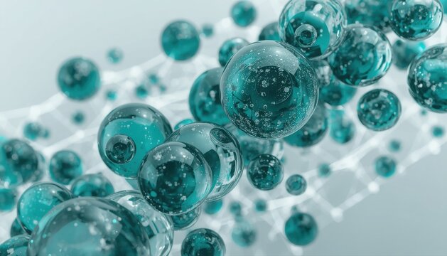 Abstract 3D render of teal spherical molecules bonded to a white hexagonal grid structure with molecule hexagonal structure abstract chemistry nanotechnology particles background scientific