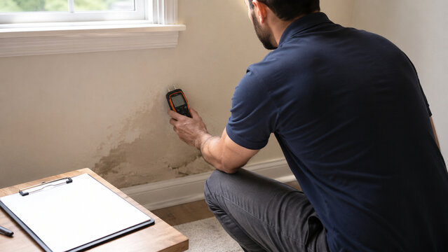 Residential Moisture Damage Inspection with Meter Near Wall