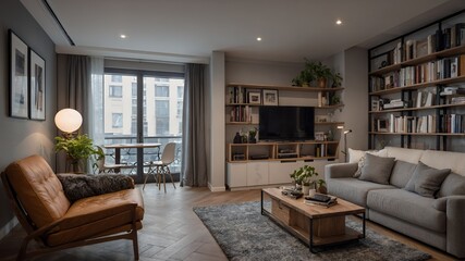 Fototapeta premium Spacious and Stylish Contemporary Living Room Interior with Extensive Bookshelves and Comfortable Seating in a Modern Apartment