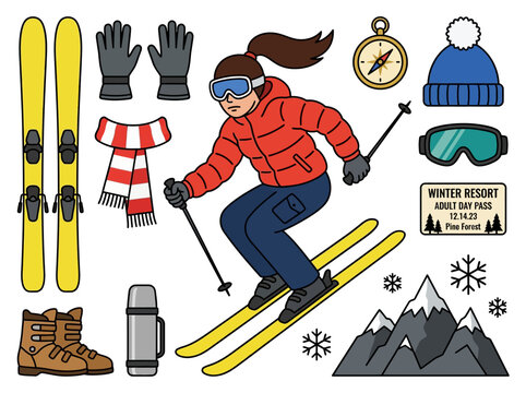Skiing and Winter Sports Gear Vector Set with Cartoon Woman Skier