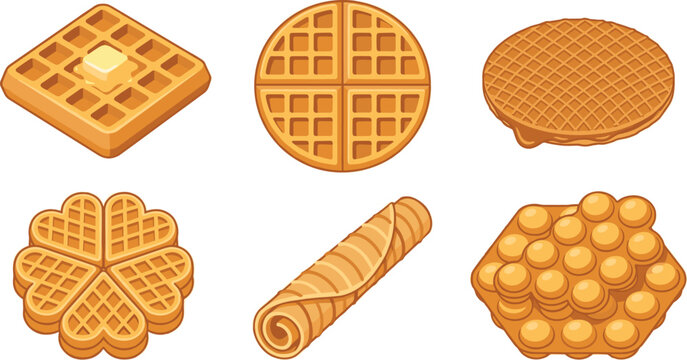 Waffle Collection with Belgian Waffles, Rolled Wafer, Bubble Waffle, Round and Square Breakfast Pastries Vector Illustration Set