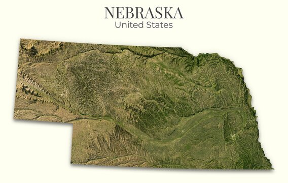 Nebraska shaded relief map, 3D terrain map illustration of Nebraska, United States, hillshaded physical geography.