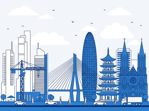 Blue City Skyline Vector Illustration with Bridge, Pagoda, and Cathedral