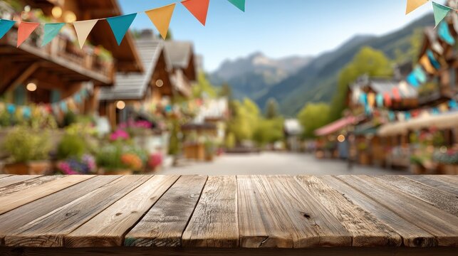 Wooden table with colorful bunting in foreground; blurred mountain village with rustic houses and greenery under a clear blue sky in background.