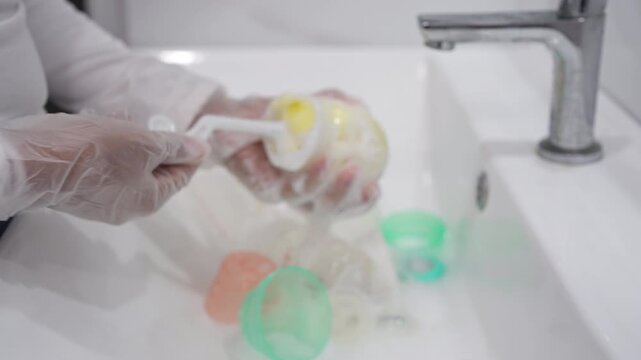 Mother Cleaning Baby Feeding Bottle With Sponge and Brush for Safe Infant Hygiene and Sterilization
