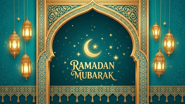 Animated Ramadan Mubarak Greeting Card with Golden Lanterns and Stars
