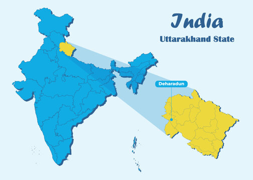 Uttarakhand state highlighted in yellow in Indian map with editable vector illustration. Political map showing the location of Uttarakhand with Dehradun marked, suitable for education, travel, geograp