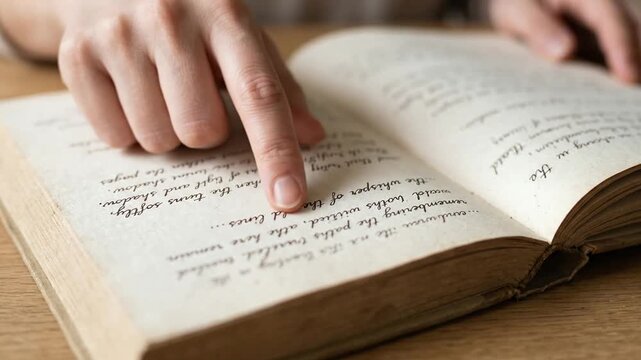 Close-up of hand tracing words in an old vintage book while reading