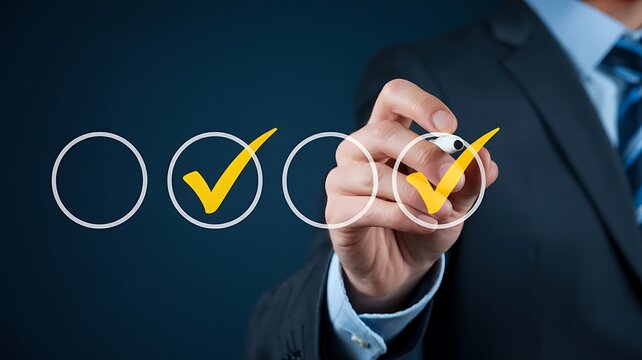 Corporate professional marks check boxes on an interactive virtual screen, symbolizing successful task completion, efficient workflow, and strategic project management