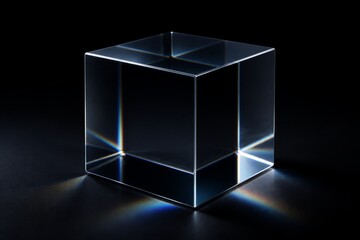 Obraz premium Glass cube refracting light on dark reflective surface