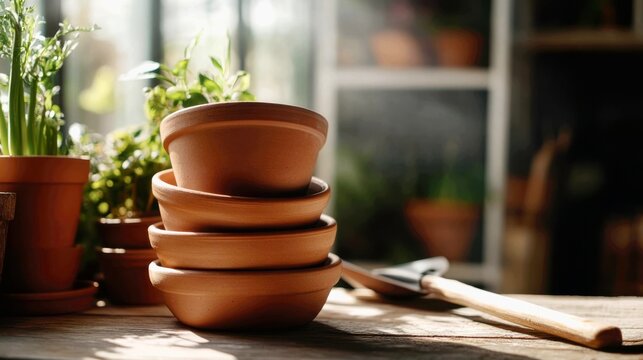  a stack of empty terracotta clay flower pots of various sizes, nested inside one another, sitting on a weathered wooden table