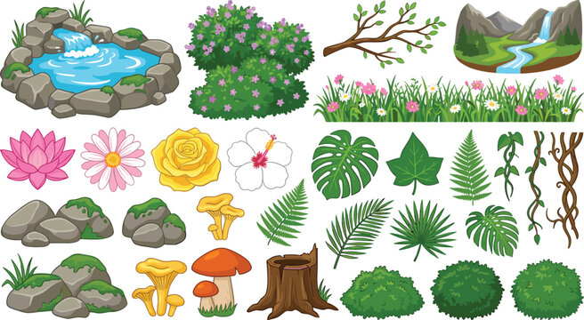 Jungle nature element set with cartoon plants pond flowers and rocks for game landscape vector design
