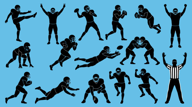 American Football Player Silhouettes Set: Action Poses, Throwing, Catching, Tackling, and Referee Officiating